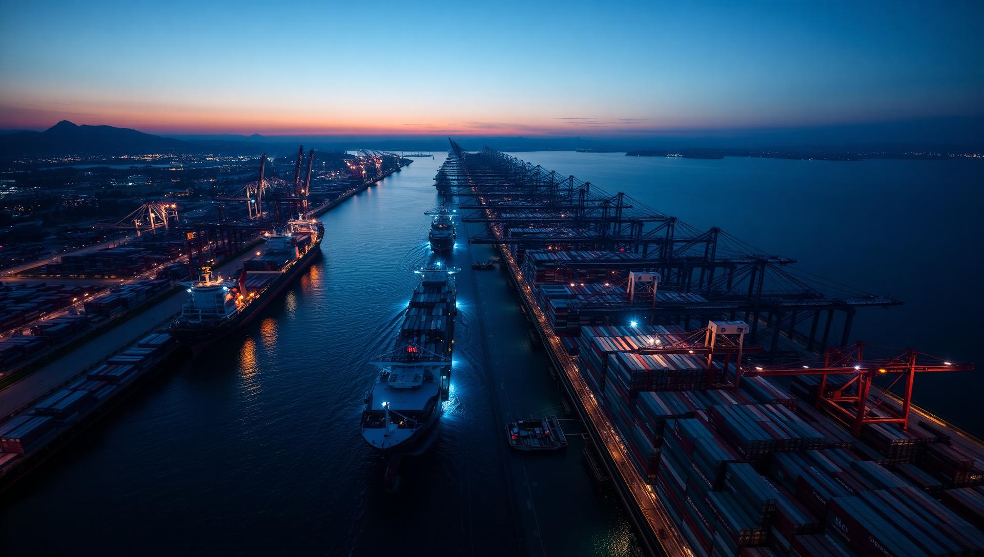 SITC International intra-Asia container shipping port at dusk